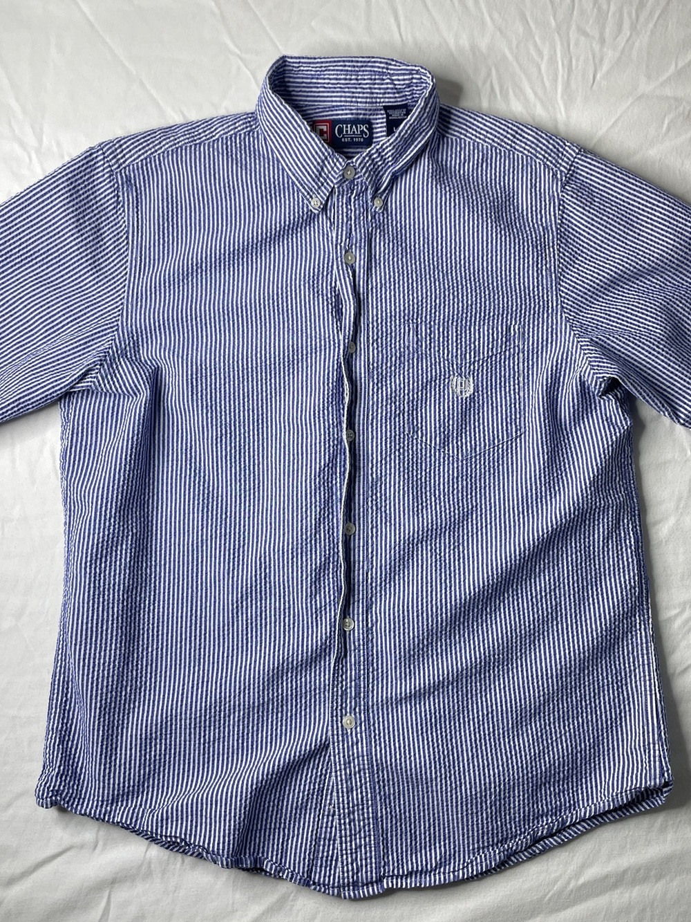 Chaps Ralph Lauren Button Down Shirt Mens Large Blue Striped Seersucker Work 90s